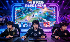 178赛事直播英雄联盟全球总决赛直播画面 - 电竞选手在比赛舞台上专注操作，背后是大屏幕游戏画面