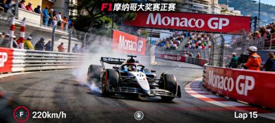 F1摩纳哥大奖赛正赛直播截图 - 赛车在蒙特卡洛街道赛狭窄弯道中穿行